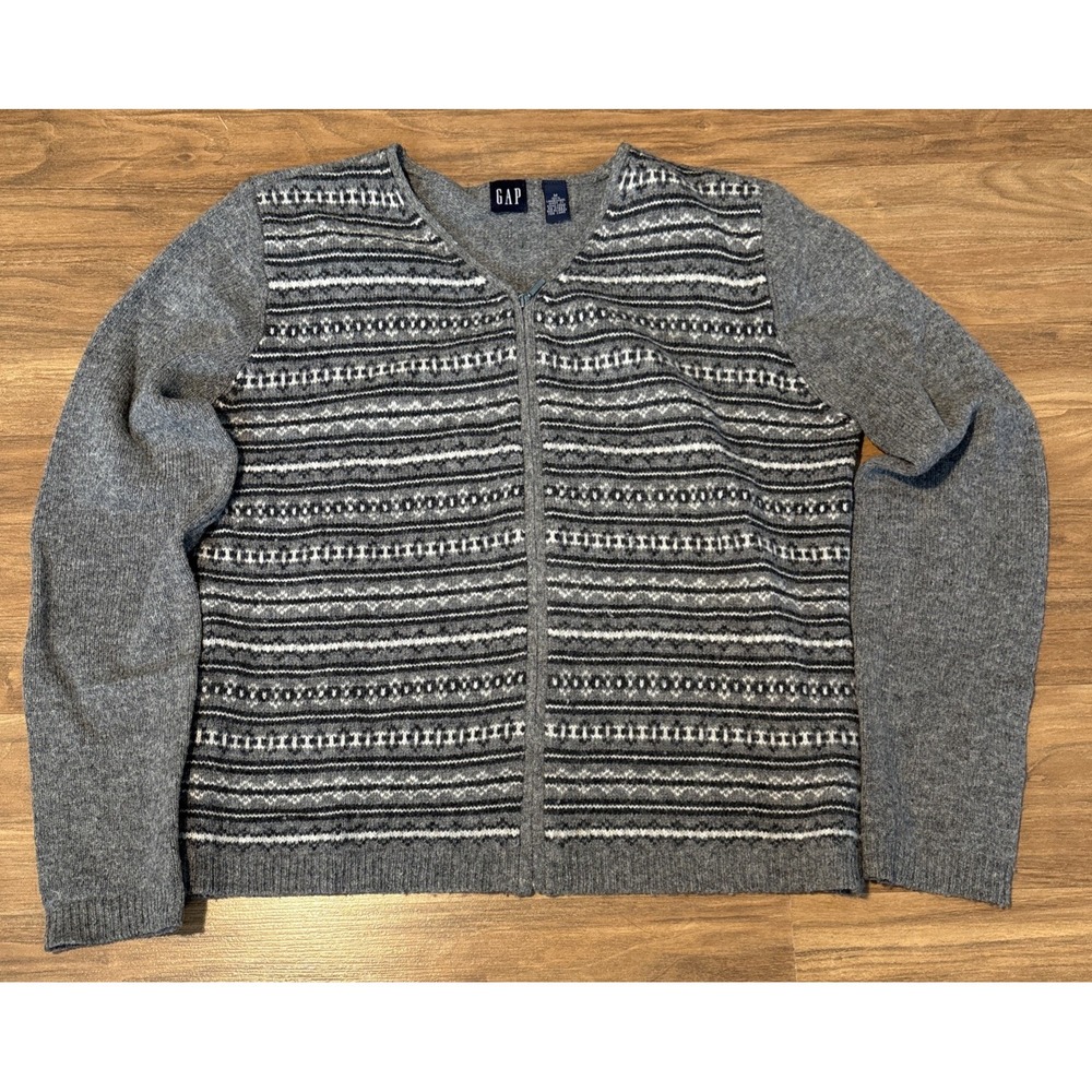 Gap Mens Full Zip Lambswool Sweater Gray Fair Isle Knit Size M